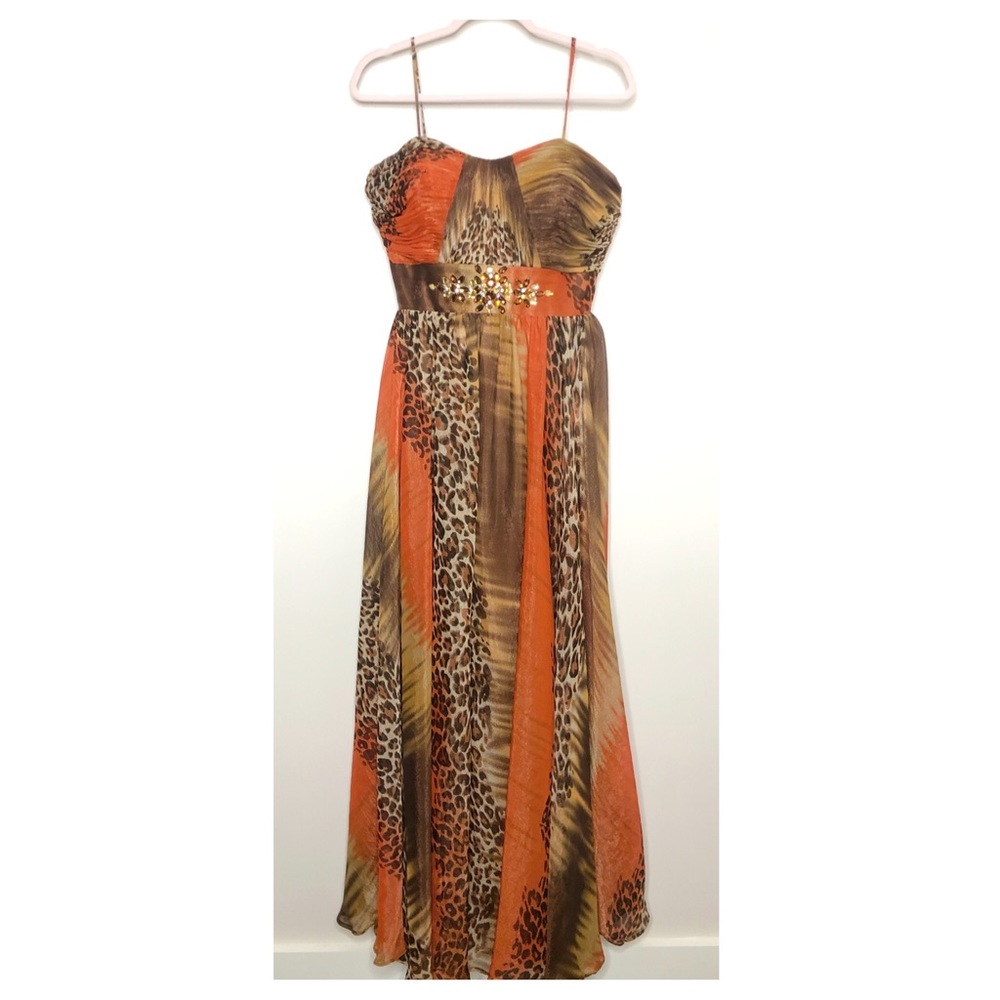 Alisha Hill Orange & Leopard Print Gemstone Formal Gown
